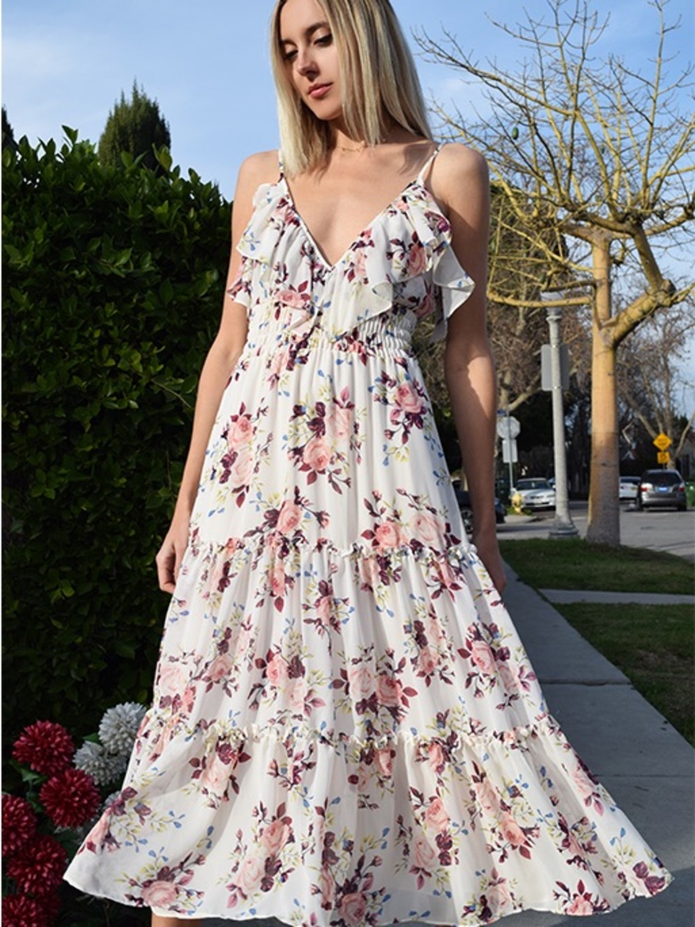 MISA ‘Aviana’ Dress Cream Floral Ruffle V Neck Back Adjustable Strap Dress
